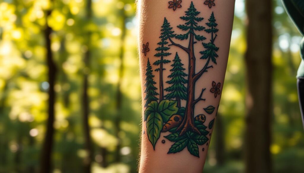 A close-up view of a vivid forest-themed tattoo, featuring intricate designs of trees, leaves, and natural elements. The tattoo is prominently displayed on a person's forearm, showcasing vibrant greens and earthy browns, highlighting the connection with nature. In the background, softly blurred, there are hints of a lush forest, with dappled sunlight filtering through the leaves, creating a serene and calming atmosphere. The lighting is warm and natural, simulating late afternoon sun. The angle is slightly tilted, emphasizing the tattoo's detail while allowing the gentle background of the forest to be seen. The mood conveys tranquility and a deep appreciation for nature, symbolizing growth and mystery, fitting for the theme of nurturing and caring for a nature-inspired tattoo. A close-up view of a vivid forest-themed tattoo, featuring intricate designs of trees, leaves, and natural elements. The tattoo is prominently displayed on a person's forearm, showcasing vibrant greens and earthy browns, highlighting the connection with nature. In the background, softly blurred, there are hints of a lush forest, with dappled sunlight filtering through the leaves, creating a serene and calming atmosphere. The lighting is warm and natural, simulating late afternoon sun. The angle is slightly tilted, emphasizing the tattoo's detail while allowing the gentle background of the forest to be seen. The mood conveys tranquility and a deep appreciation for nature, symbolizing growth and mystery, fitting for the theme of nurturing and caring for a nature-inspired tattoo.