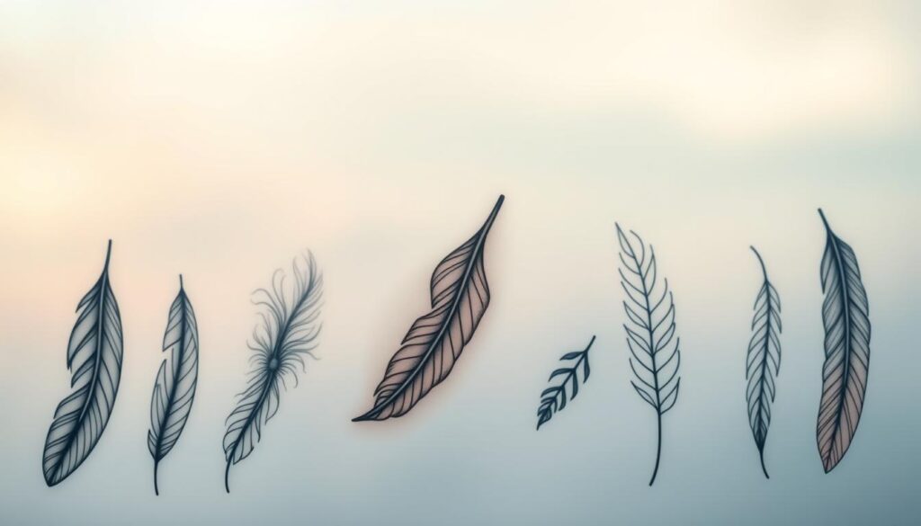 A collection of avant-garde feather tattoo designs gracefully arranged. In the foreground, showcase intricate feather tattoos with delicate line work and organic shapes, swirling patterns embodying lightness and freedom. The middle ground features a soft gradient of colors—blues, greens, and warm earth tones that evoke spiritual themes. The background is softly blurred, suggesting a tranquil sky at dawn, infused with gentle light to create an ethereal atmosphere. Use soft, diffused lighting to enhance the tattoos' details and textures, simulating a dreamy quality. The composition should evoke a sense of inspiration, emphasizing the connection between nature, spirituality, and personal expression.