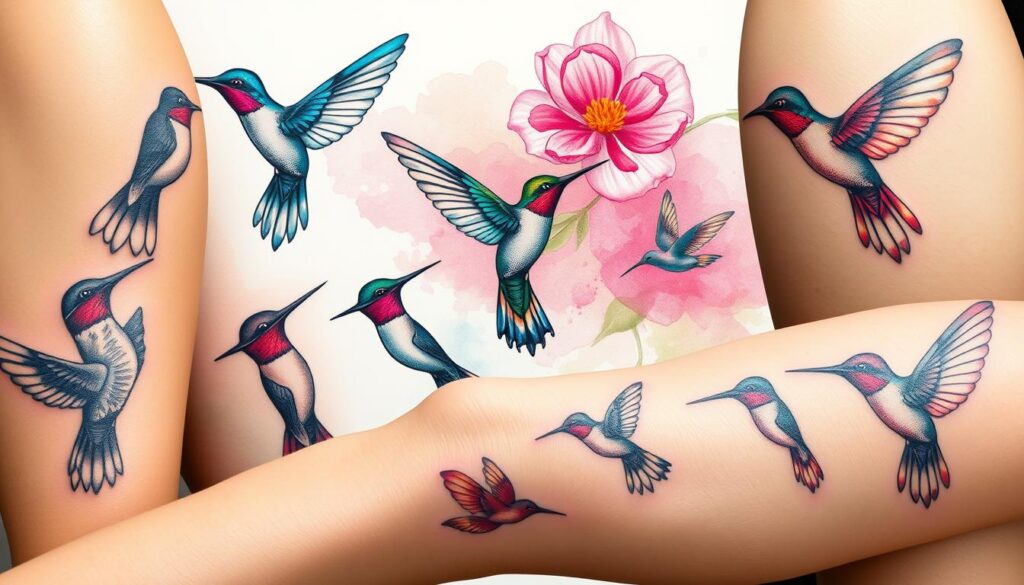 A collection of diverse hummingbird tattoo designs, showcasing intricate patterns and vibrant colors. In the foreground, feature several designs, including realistic renditions with feather details and abstract interpretations displaying geometric shapes. The middle ground should present a soft watercolor-like blend of colors, enhancing the vibrancy of the tattoos. In the background, a subtle floral motif can be integrated, adding a sense of nature and life to the composition. Use natural lighting to illuminate the tattoos, creating a warm and inviting atmosphere. Capture the scene from a slightly angled perspective, emphasizing the texture and detail of each design. Aim for an overall mood of joy and lightness, reflecting the essence of the hummingbird as a symbol of life’s fleeting beauty.