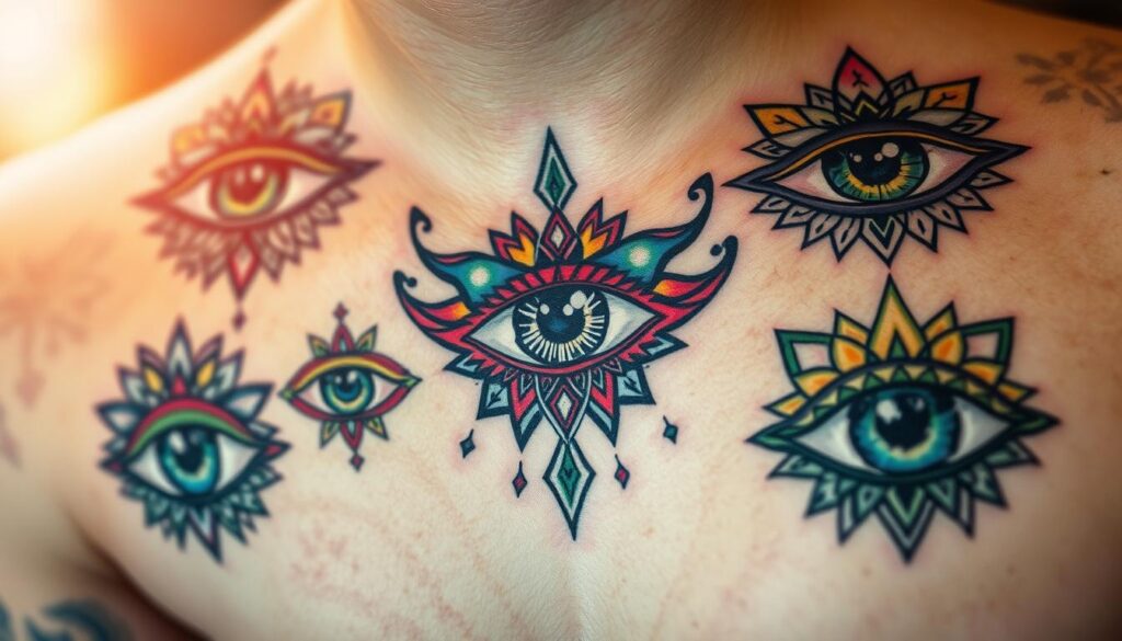 A contemporary tattoo design featuring an eye as the central focus, symbolizing omniscience and protection against evil. The foreground showcases intricately detailed eye tattoos, incorporating vibrant colors and varied styles, such as watercolor and geometric patterns. Surrounding the eye, elements like protective symbols and ethereal motifs blend subtly into the design. The middle ground fills with abstract patterns that represent spiritual energy, merging seamlessly with the background of soft, blurred textures that evoke a mystical atmosphere. The lighting is soft and ethereal, highlighting the colors and intricate details of the tattoos, with a lens effect emphasizing the depth and intensity of each design. The overall mood is both enchanting and empowering, celebrating the modern interpretations of eye tattoos in art and culture.