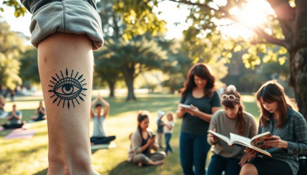 A detailed and artistic depiction of an "Eye of Providence" tattoo incorporated into everyday life. In the foreground, a person wearing modest casual clothing showcases the tattoo on their forearm, the intricate design of an eye surrounded by rays of light symbolizing knowledge and protection. In the middle, a scene unfolds with various daily activities—a serene park with individuals practicing yoga, a group of friends engaging in vibrant conversation, and a person reading a book under a tree, all highlighting the theme of guidance and vigilance. The background features soft sunlight filtering through the leaves, creating a warm and uplifting atmosphere. Employ a shallow depth of field to focus on the tattoo and the serene expressions of the people, evoking a sense of peace and security.