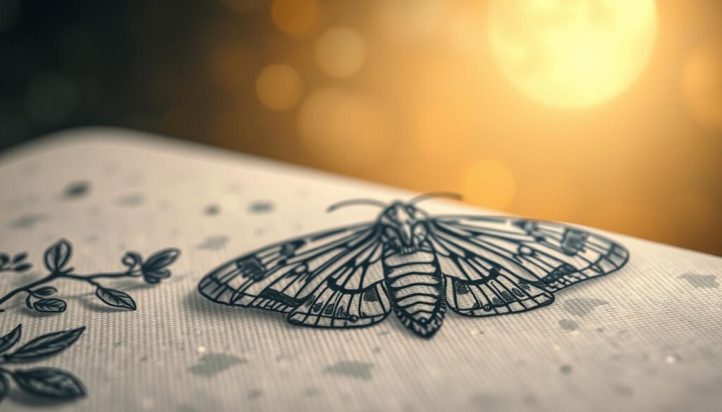 A detailed and artistic representation of a moth tattoo, showcasing intricate black and gray linework that depicts the beauty and symbolism of the moth in art and culture. In the foreground, the tattoo design is displayed prominently on a textured canvas, allowing for light to catch the delicate details. The middle ground features subtle hints of nature, such as leaves or flowers, to enhance the thematic connection between the moth and its natural habitat. The background is softly blurred to create depth, infused with a warm, ethereal glow to evoke a mystical atmosphere. The scene is illuminated with gentle lighting, resembling the soft luminescence of moonlight, conveying a sense of wonder and reverence for this nocturnal creature. A detailed and artistic representation of a moth tattoo, showcasing intricate black and gray linework that depicts the beauty and symbolism of the moth in art and culture. In the foreground, the tattoo design is displayed prominently on a textured canvas, allowing for light to catch the delicate details. The middle ground features subtle hints of nature, such as leaves or flowers, to enhance the thematic connection between the moth and its natural habitat. The background is softly blurred to create depth, infused with a warm, ethereal glow to evoke a mystical atmosphere. The scene is illuminated with gentle lighting, resembling the soft luminescence of moonlight, conveying a sense of wonder and reverence for this nocturnal creature.