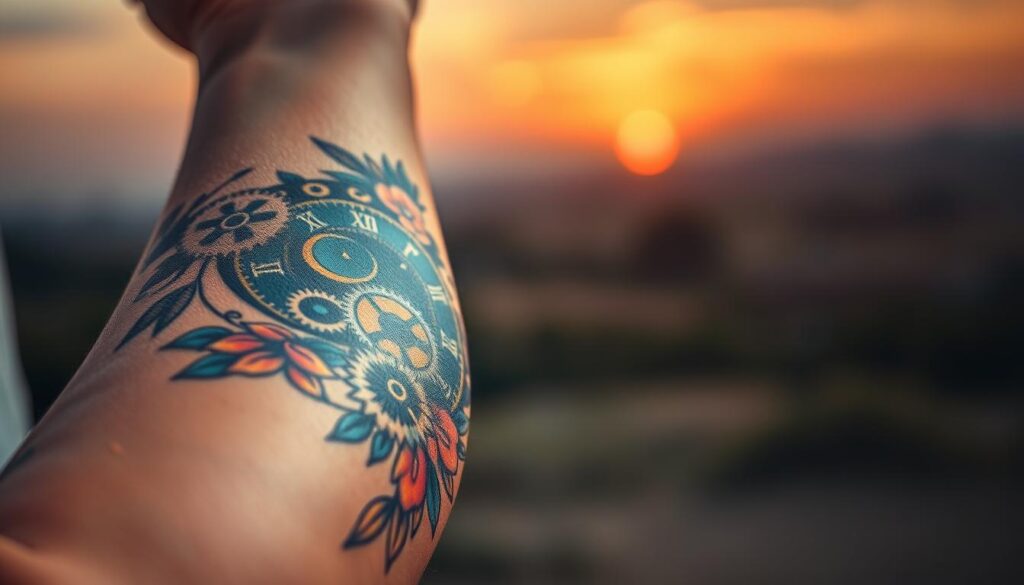 A detailed close-up of a beautifully designed clock tattoo on an individual's forearm, showcasing intricate gears and floral elements intertwined with the clock face, symbolizing the passage of time. The tattoo is vibrant with shades of blue, gold, and black, capturing the essence of both old-world craftsmanship and modern artistry. In the foreground, the arm is positioned elegantly, casting gentle shadows that accentuate the intricate details of the tattoo. The middle background features a softly blurred landscape, hinting at a sunset with warm orange and purple hues, evoking a sense of nostalgia and reflection. The atmosphere is contemplative and serene, inviting viewers to ponder the significance of time and memories. The image is well-lit with soft, diffused lighting, creating a warm, inviting feel.