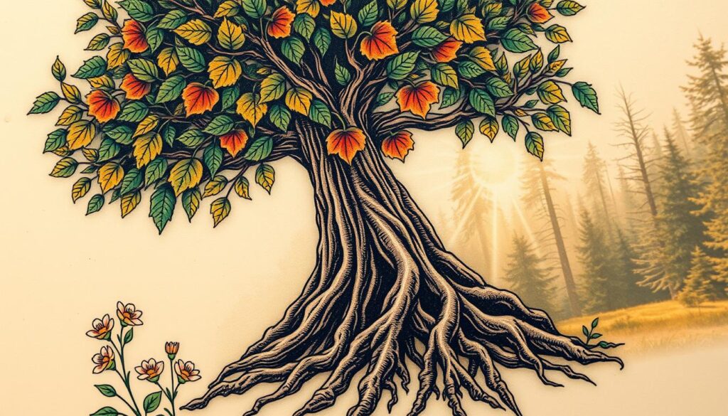 A detailed tattoo design featuring the symbolism of growth and nature, illustrating a vibrant tree with roots intertwining and reaching into the earth, symbolizing stability and nurturing. The trunk is thick and textured, adorned with leaves in various shades of green, some transitioning into autumn hues, representing the cycle of life and rebirth. In the foreground, delicate flowers bloom, adding splashes of color. The middle layer shows soft, swirling wisps of wind, signifying movement and change, while the background features a serene forest setting bathed in warm, golden sunlight, casting gentle shadows. The overall mood is tranquil and uplifting, encouraging a sense of renewal and connection to nature. A detailed tattoo design featuring the symbolism of growth and nature, illustrating a vibrant tree with roots intertwining and reaching into the earth, symbolizing stability and nurturing. The trunk is thick and textured, adorned with leaves in various shades of green, some transitioning into autumn hues, representing the cycle of life and rebirth. In the foreground, delicate flowers bloom, adding splashes of color. The middle layer shows soft, swirling wisps of wind, signifying movement and change, while the background features a serene forest setting bathed in warm, golden sunlight, casting gentle shadows. The overall mood is tranquil and uplifting, encouraging a sense of renewal and connection to nature.
