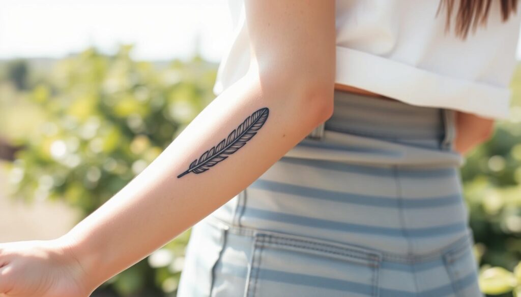 A graceful, inked feather tattoo elegantly positioned on the forearm of a person in modest casual clothing. The tattoo is intricately detailed, with delicate lines and softly shaded textures to convey a sense of lightness and freedom. The forearm is gently angled, showcasing the tattoo against the soft skin tone in bright, natural daylight. The background features a serene outdoor setting with lush greenery, enhancing the feeling of spirituality and connection with nature. The mood is calm and reflective, capturing the essence of the tattoo as a symbol of liberation. The composition uses a slightly blurred effect on the background to draw focus to the tattoo design while maintaining an ethereal ambiance.
