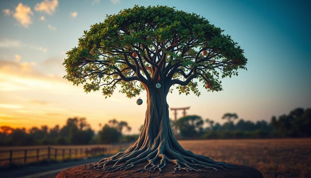 A majestic Tree of Life symbolizing interconnectedness and cultural heritage, standing tall in the foreground. Its roots are intricately woven into the soil, branching out like a family tree. Vibrant leaves in various shades of green soar overhead, with subtle hints of colors representing different cultures. The middle ground features diverse cultural symbols gently entwined among the branches, such as Celtic knots, Native American totems, and Asian motifs, illustrating the fusion of traditions. The background includes a serene sky at dusk, with warm golden and soft purple hues, casting a gentle glow on the scene. The atmosphere is reflective and harmonious, inviting thoughts on ancestry and unity. Capture the scene with a soft focus effect and natural lighting, ensuring a peaceful and inspiring visual narrative.