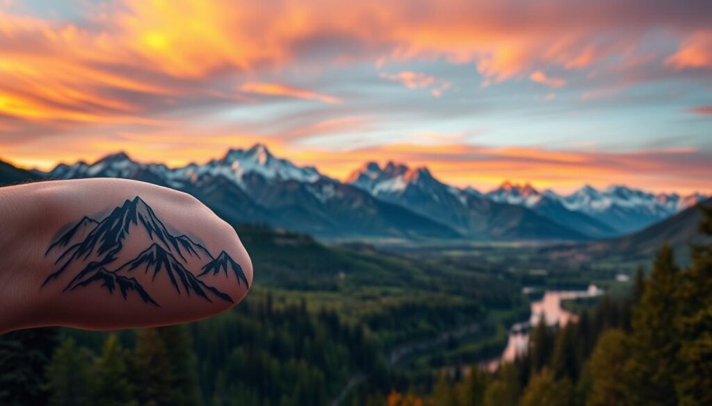 A majestic mountain landscape tattoo design, symbolizing challenge, permanence, and love for nature. In the foreground, a detailed, intricately designed tattoo of a mountain range curves along a forearm, showcasing its peaks and valleys with delicate line work. The middle ground features lush green forests and a serene river meandering through the landscape, reflecting the mountains' silhouette. In the background, towering snow-capped mountains rise against a vibrant sunset sky, casting warm golden and pink hues. The atmosphere is tranquil yet powerful, evoking a sense of reverence for nature. The composition is captured from a slightly elevated angle to emphasize the depth and grandeur of the mountains, with soft, diffuse lighting enhancing the organic details of the tattoo and landscape.