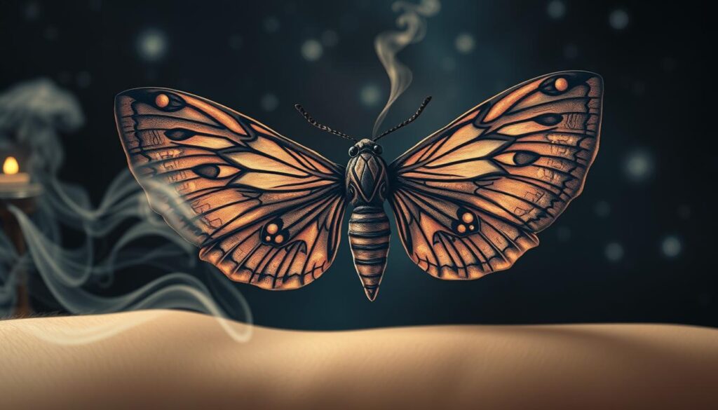 A mystical moth tattoo design with intricate details, showcasing ethereal patterns that reflect spiritual symbolism. In the foreground, the tattoo features delicate wings with ornate designs resembling celestial elements, like stars and moons. In the middle ground, soft wisps of smoke or glowing light subtly emanate from the moth, creating an otherworldly aura. The background features a deep nighttime sky filled with shimmering constellations, adding depth and a sense of enchantment. The scene is illuminated by a gentle, ambient light that highlights the tattoo's details, creating a serene and contemplative atmosphere. The overall mood is reflective and spiritual, capturing the essence of the moth as a symbol of transformation and guidance. A mystical moth tattoo design with intricate details, showcasing ethereal patterns that reflect spiritual symbolism. In the foreground, the tattoo features delicate wings with ornate designs resembling celestial elements, like stars and moons. In the middle ground, soft wisps of smoke or glowing light subtly emanate from the moth, creating an otherworldly aura. The background features a deep nighttime sky filled with shimmering constellations, adding depth and a sense of enchantment. The scene is illuminated by a gentle, ambient light that highlights the tattoo's details, creating a serene and contemplative atmosphere. The overall mood is reflective and spiritual, capturing the essence of the moth as a symbol of transformation and guidance.