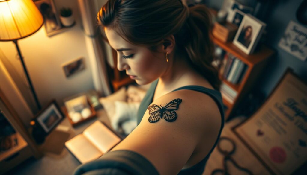 A person with a beautifully detailed butterfly tattoo on their forearm, symbolizing transformation and freedom. The scene captures a moment of introspection as they admire the tattoo in a softly lit, cozy room filled with personal items that reflect their journey. In the foreground, a warm light illuminates their contemplative expression, showcasing the emotional connection to the tattoo. In the background, subtle elements like a journal and photographs hint at a rich life story, emphasizing the tattoo's impact on their personal life. The image should evoke a sense of deep reflection and personal significance, with a harmonious blend of warm colors creating a tranquil atmosphere. The angle should be slightly above eye level, drawing the viewer into the intimate moment. A person with a beautifully detailed butterfly tattoo on their forearm, symbolizing transformation and freedom. The scene captures a moment of introspection as they admire the tattoo in a softly lit, cozy room filled with personal items that reflect their journey. In the foreground, a warm light illuminates their contemplative expression, showcasing the emotional connection to the tattoo. In the background, subtle elements like a journal and photographs hint at a rich life story, emphasizing the tattoo's impact on their personal life. The image should evoke a sense of deep reflection and personal significance, with a harmonious blend of warm colors creating a tranquil atmosphere. The angle should be slightly above eye level, drawing the viewer into the intimate moment.