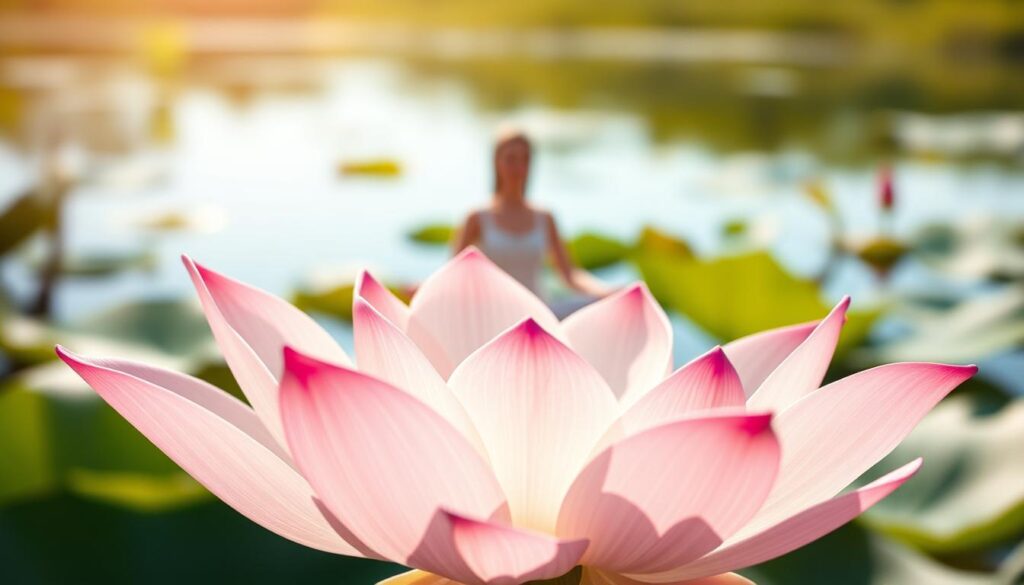 A serene and vibrant depiction of a lotus flower tattoo, symbolizing spirituality and mental purity. In the foreground, the intricately detailed lotus blossom unfolds, showcasing its delicate petals in soft pink and white hues, with subtle gradients for an ethereal effect. The middle ground features a gentle, calm figure meditating in a modest outfit, embodying tranquility and focus. The background is a softly blurred natural setting, with hints of water and lily pads, evoking a peaceful pond environment. Use natural sunlight to illuminate the scene, casting warm highlights on the lotus and creating soft shadows. The overall mood should be tranquil and contemplative, inviting viewers to connect with the deeper meanings of the lotus tattoo. A serene and vibrant depiction of a lotus flower tattoo, symbolizing spirituality and mental purity. In the foreground, the intricately detailed lotus blossom unfolds, showcasing its delicate petals in soft pink and white hues, with subtle gradients for an ethereal effect. The middle ground features a gentle, calm figure meditating in a modest outfit, embodying tranquility and focus. The background is a softly blurred natural setting, with hints of water and lily pads, evoking a peaceful pond environment. Use natural sunlight to illuminate the scene, casting warm highlights on the lotus and creating soft shadows. The overall mood should be tranquil and contemplative, inviting viewers to connect with the deeper meanings of the lotus tattoo.