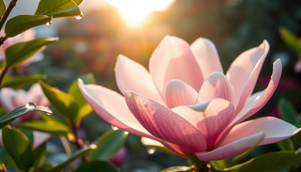 A serene close-up of a magnolia blossom captured in the soft morning light, showcasing its delicate pink and white petals with intricate details and gentle curves. In the foreground, dew drops cling to the petals, reflecting the sunlight, creating a sense of freshness. The middle ground features lush, green leaves that frame the flower, enhancing its elegance. In the background, a softly blurred garden scene with hints of vibrant colors represents beauty and tranquility, evoking deeper emotions associated with honor and grace. The overall atmosphere is calm and introspective, akin to a reflective moment in nature, shot with a shallow depth of field to draw attention to the magnolia's intricacies.