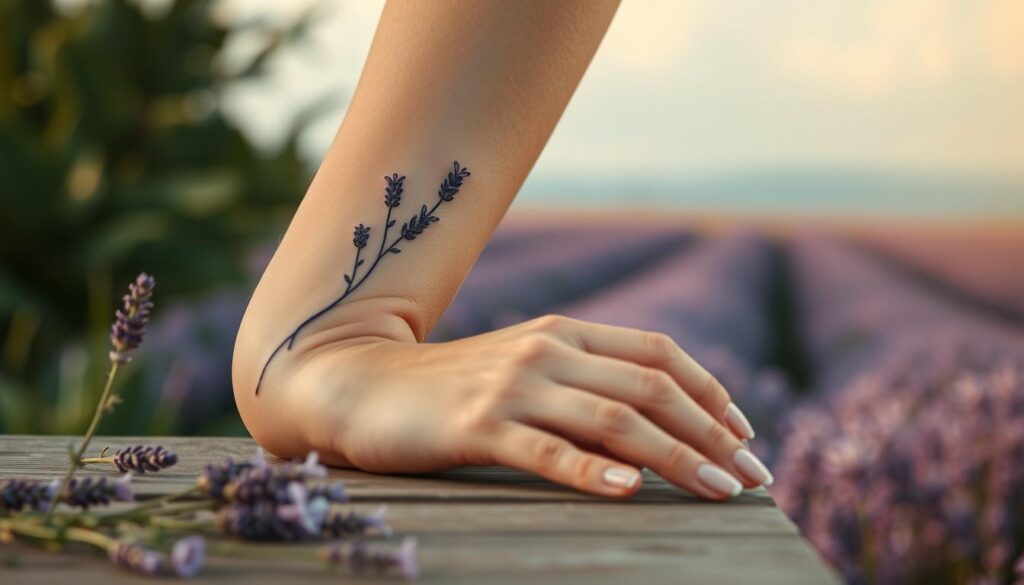 A serene image of a lavender tattoo artfully depicted on a woman's forearm, showcasing delicate, intertwined lavender sprigs with soft purple hues. The foreground features the woman's arm with her hand gently resting on a wooden table, adorned with small lavender flowers. The middle ground includes a subtle hint of nature with blurred greenery, suggesting a peaceful outdoor setting. In the background, a calming lavender field under a soft blue sky adds depth and tranquility. The lighting is warm and golden, capturing a soft afternoon glow that highlights the tattoo’s intricate details. The mood is soothing and reflective, embodying themes of peace, healing, and femininity. The overall composition should evoke a sense of harmony and gentle strength, focusing solely on the tattoo's significance.
