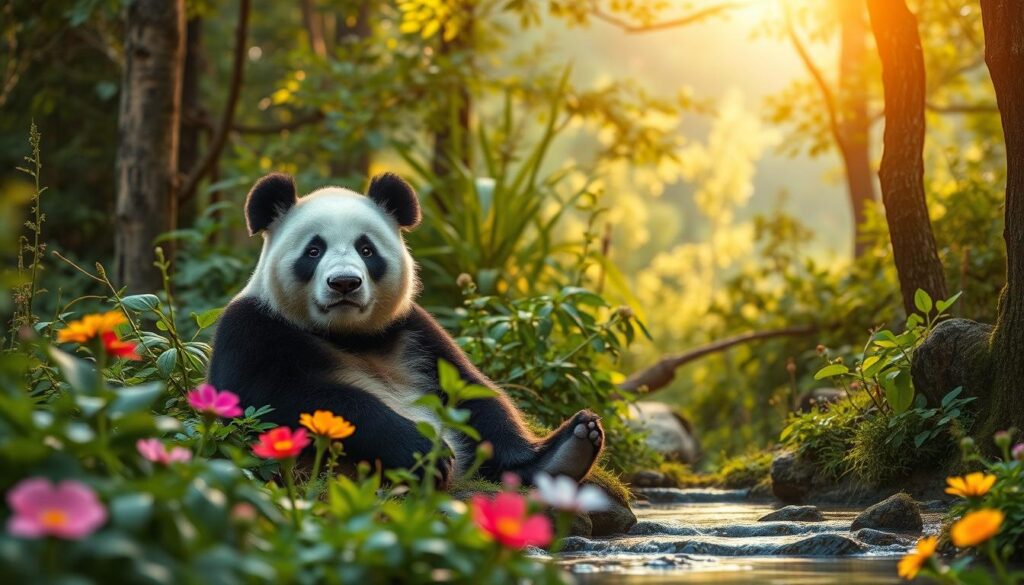 A serene panda sitting amidst a lush, vibrant forest, symbolizing environmental protection. The panda, with its distinctive black and white markings, is surrounded by various green plants and trees, conveying a sense of harmony with nature. In the foreground, colorful flowers add a splash of vibrancy, and a gentle stream flows nearby, reflecting the greenery. Soft, warm sunlight filters through the tree canopy, creating a tranquil and uplifting atmosphere. The image should be captured from a slightly elevated angle to provide a comprehensive view, evoking a sense of peace and strength. Emphasize the panda's gentle expression to further highlight its role as a symbol of environmental awareness. A serene panda sitting amidst a lush, vibrant forest, symbolizing environmental protection. The panda, with its distinctive black and white markings, is surrounded by various green plants and trees, conveying a sense of harmony with nature. In the foreground, colorful flowers add a splash of vibrancy, and a gentle stream flows nearby, reflecting the greenery. Soft, warm sunlight filters through the tree canopy, creating a tranquil and uplifting atmosphere. The image should be captured from a slightly elevated angle to provide a comprehensive view, evoking a sense of peace and strength. Emphasize the panda's gentle expression to further highlight its role as a symbol of environmental awareness.