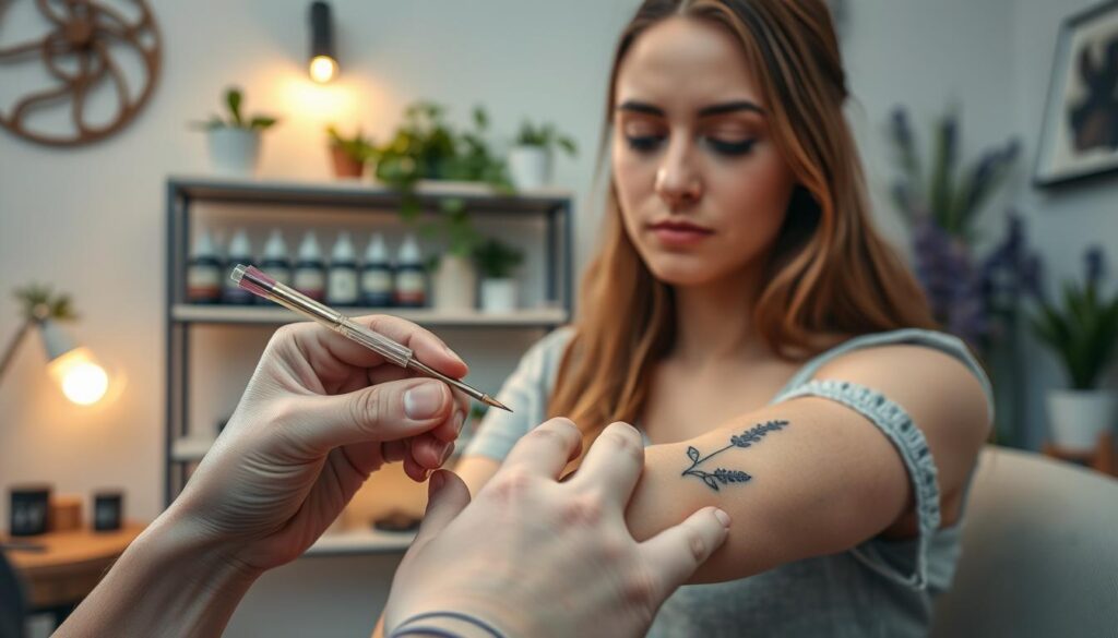 A serene tattoo artist in a softly lit, cozy studio, working with precision on a delicate lavender tattoo on a client's forearm. In the foreground, the intricate details of the tattoo needle and lavender design are highlighted, displaying the artist’s steady hand and the graceful curves of lavender flowers. The middle ground features the client, dressed in modest casual clothing, their expression calm and relaxed, embodying tranquility. In the background, shelves filled with tattoo ink and plants evoke a peaceful, healing atmosphere. Soft, warm lighting enhances the inviting feeling of the space, with a gentle focus on the tattoo process, capturing the essence of artistry and femininity associated with lavender.