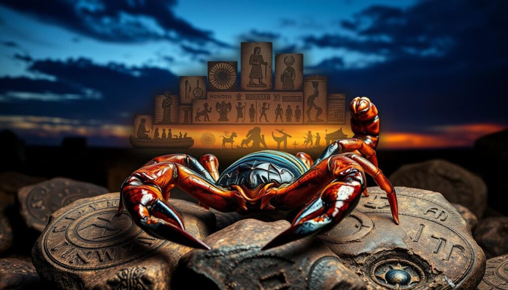 A striking depiction of a scorpion symbolizing protection and transformation in a cultural and mythological context. In the foreground, a detailed, realistic scorpion with glistening exoskeleton and poised pincers rests on ancient, weathered stones adorned with intricate carvings of zodiac signs. The middle layer showcases a collage of cultural symbols related to the scorpion, including stylized images from different civilizations, such as Egyptian hieroglyphs and tribal motifs. The background features a twilight sky, rich with deep blues and purples, casting a mystical atmosphere, while soft, golden light highlights the scorpion and symbols, enhancing their significance. Capture this scene with a slight upward angle to emphasize the grandeur of the scorpion and its cultural importance. Focus on clarity and vivid colors to evoke a sense of intrigue and reverence.
