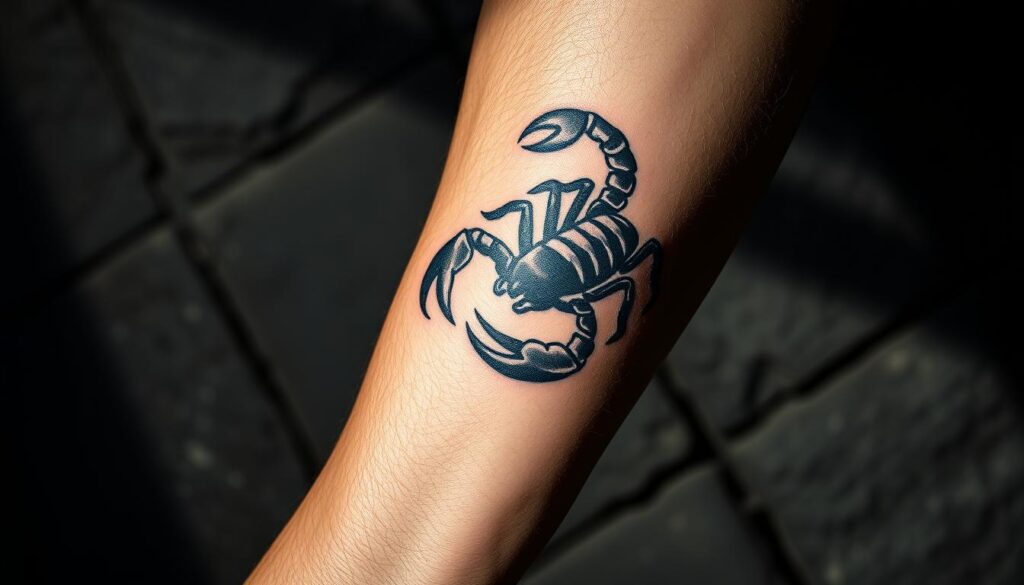 A striking tattoo of a scorpion, symbolizing strength, courage, and masculinity, prominently displayed on a muscular forearm. The scorpion is intricately detailed, showcasing its fierce pincers and curved tail, inked in deep black with highlights to emphasize its formidable presence. The skin tone should contrast with the tattoo, accentuating its boldness. In the background, hints of dark, textured stone or abstract geometric patterns create a moody atmosphere. Soft, dramatic lighting casts shadows that enhance the tattoo’s definition, suggesting an air of mystery and power. The composition should be taken from a slightly elevated angle to draw focus on the forearm and scorpion tattoo, evoking a sense of strength and ferocity.