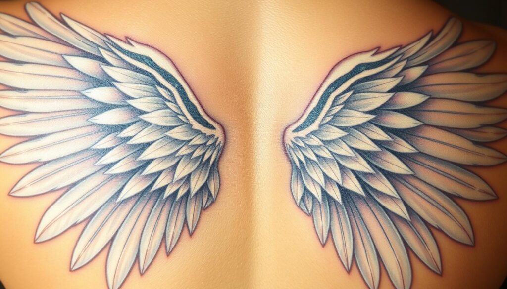 A stunning and intricate tattoo design of angel wings, depicted in a close-up view, showcasing various styles and interpretations. The foreground features detailed, realistic textures of feathers, blending shades of white and soft gray with hints of gold accents. In the middle ground, abstract elements symbolize protection and the desire to soar, such as faint glowing lights and ethereal patterns swirling around the wings. The background is softly blurred with a gradient of pastel colors, creating a dreamlike atmosphere that evokes a sense of tranquility and hope. The lighting is warm and soft, casting gentle shadows that enhance the depth and dimensionality of the tattoo. Capture the essence of flight and spiritual guardianship through this captivating imagery. A stunning and intricate tattoo design of angel wings, depicted in a close-up view, showcasing various styles and interpretations. The foreground features detailed, realistic textures of feathers, blending shades of white and soft gray with hints of gold accents. In the middle ground, abstract elements symbolize protection and the desire to soar, such as faint glowing lights and ethereal patterns swirling around the wings. The background is softly blurred with a gradient of pastel colors, creating a dreamlike atmosphere that evokes a sense of tranquility and hope. The lighting is warm and soft, casting gentle shadows that enhance the depth and dimensionality of the tattoo. Capture the essence of flight and spiritual guardianship through this captivating imagery.