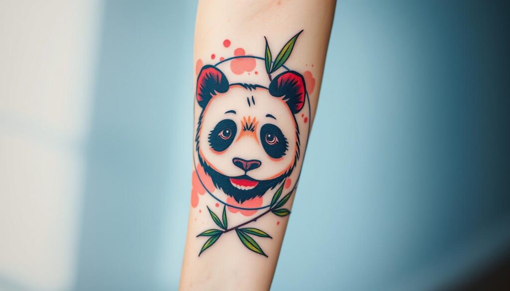 A stylish panda tattoo, prominently displayed on a forearm, blending traditional and modern design elements. The panda's face is intricately detailed, with soft, flowing lines and vibrant colors that evoke tranquility and playfulness. Surrounding the panda are bamboo leaves, symbolizing strength and resilience, arranged in a gentle circular pattern. The background features a subtle watercolor wash in pastel hues, enhancing the tattoo's aesthetic appeal. The lighting is soft and diffused, creating an inviting atmosphere. Shot from a close-up angle to capture the tattoo's intricate details, the image conveys a sense of calm and carefree spirit. The overall mood is serene, with a hint of artistic flair, making it a perfect representation of contemporary panda tattoos. A stylish panda tattoo, prominently displayed on a forearm, blending traditional and modern design elements. The panda's face is intricately detailed, with soft, flowing lines and vibrant colors that evoke tranquility and playfulness. Surrounding the panda are bamboo leaves, symbolizing strength and resilience, arranged in a gentle circular pattern. The background features a subtle watercolor wash in pastel hues, enhancing the tattoo's aesthetic appeal. The lighting is soft and diffused, creating an inviting atmosphere. Shot from a close-up angle to capture the tattoo's intricate details, the image conveys a sense of calm and carefree spirit. The overall mood is serene, with a hint of artistic flair, making it a perfect representation of contemporary panda tattoos.