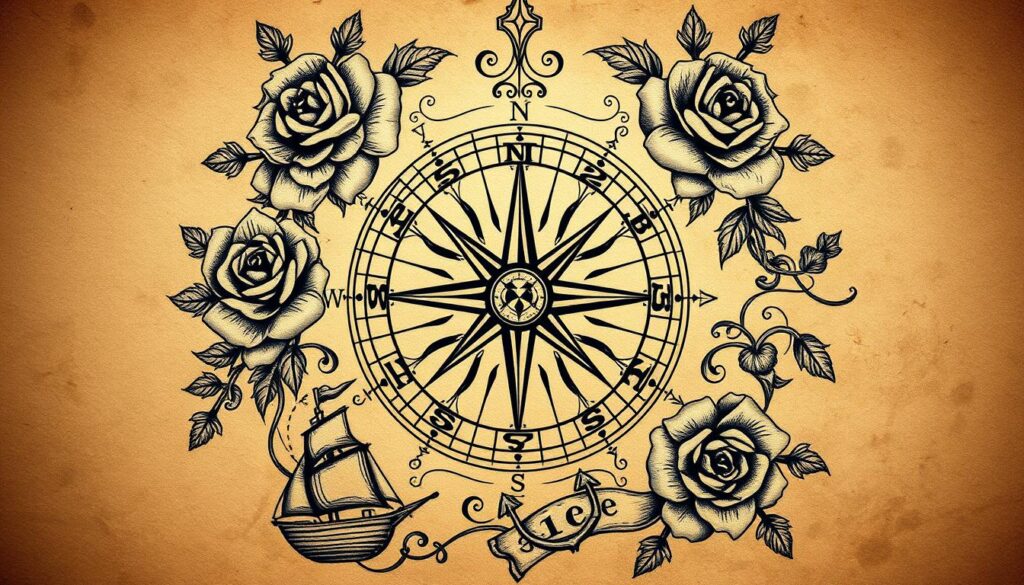 A traditional tattoo design featuring a large, intricately detailed compass at the center, surrounded by ornamental elements such as roses, anchors, and swirling filigree patterns. The compass should display cardinal directions with a vintage aesthetic, emphasizing intricate line work and shading. In the foreground, small nautical symbols like a ship and a globe subtly blend into the design. The middle ground highlights a weathered parchment-style background, enhancing the antique feel. Soft, diffused lighting accentuates the textures of the tattoo, casting gentle shadows that create depth. The atmosphere is adventurous and reflective, evoking a sense of direction and purpose. The composition should be visually balanced, with no text or overlays, focusing solely on the artistry of the compass tattoo.