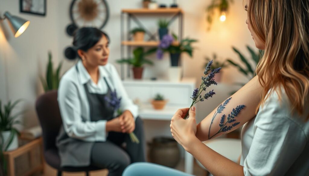 A tranquil scene depicting a pre-tattoo consultation and post-tattoo reflection regarding lavender tattoos. In the foreground, a compassionate tattoo artist in professional attire discusses with a client, seated comfortably with a lavender motif. The client holds a small lavender bouquet, symbolizing calmness and healing. In the middle ground, a vibrant, detailed lavender tattoo is showcased on the client's forearm, surrounded by calming herbal elements. The background features soft, warm lighting that creates a serene atmosphere, reminiscent of a cozy studio filled with plants and soothing decor. The composition emphasizes connection and femininity, evoking a sense of empowerment and serenity related to the tattoo process.