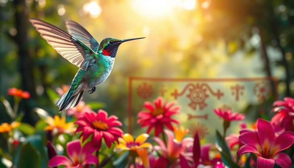 A vibrant scene showcasing a beautiful kolibri (hummingbird) hovering delicately over an array of colorful indigenous flowers, representing its significance in various cultures. In the foreground, the kolibri is depicted in dazzling detail, with iridescent feathers glimmering in rich hues of green and blue. The middle of the scene features traditional indigenous symbols and designs, subtly woven into the landscape, reflecting the cultural importance of the kolibri. The background reveals a serene natural setting, with soft sunlight filtering through lush foliage, creating a warm, inviting atmosphere. The overall mood is one of joy and lightness, celebrating life and spiritual connection. The composition is captured from a slightly angled perspective to emphasize the elegance of the kolibri’s flight.