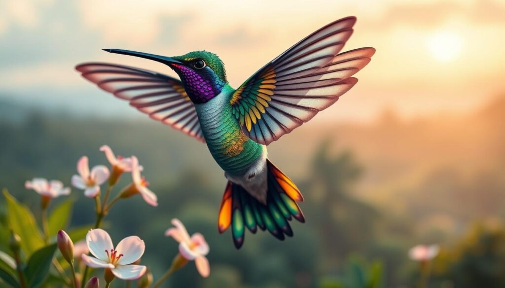 A vibrant tattoo of a hummingbird, symbolizing the joy of life and the lightness of being. The foreground features the intricately designed hummingbird in vibrant colors, wings spread wide, capturing the essence of motion. Its feathers are detailed with shades of emerald green and sapphire blue, glistening as if illuminated by soft sunlight. In the middle ground, there are delicate flowers in full bloom, reflecting a tropical paradise. The background is a soft-focus landscape, filled with lush greenery and a hint of a tranquil sky at dawn, casting a warm golden light. The mood is uplifting and serene, evoking feelings of freedom and happiness. No text or watermarks present.