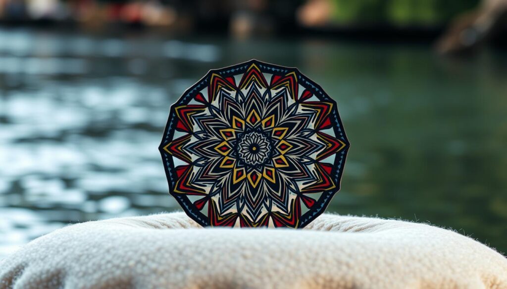 A beautifully designed mandala serving as a talisman, captivating in its intricate geometric patterns and vibrant colors. In the foreground, the mandala is the focal point, radiating harmony and symmetry, adorned with spiritual symbols subtly integrated into the design. In the middle ground, a soft, inviting texture surrounds the mandala, resembling a serene space for meditation. The background features a calming, blurred natural scene, like gentle flowing water or lush greenery, enhancing the sense of tranquility. Soft, diffused lighting highlights the mandala's details, casting delicate shadows that add depth. Capture this image from a slightly elevated angle, evoking a sense of connection to both the spiritual and natural realms. The overall mood is peaceful, inviting introspection and contemplation. A beautifully designed mandala serving as a talisman, captivating in its intricate geometric patterns and vibrant colors. In the foreground, the mandala is the focal point, radiating harmony and symmetry, adorned with spiritual symbols subtly integrated into the design. In the middle ground, a soft, inviting texture surrounds the mandala, resembling a serene space for meditation. The background features a calming, blurred natural scene, like gentle flowing water or lush greenery, enhancing the sense of tranquility. Soft, diffused lighting highlights the mandala's details, casting delicate shadows that add depth. Capture this image from a slightly elevated angle, evoking a sense of connection to both the spiritual and natural realms. The overall mood is peaceful, inviting introspection and contemplation.