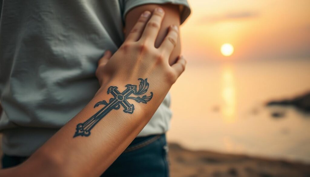 A beautifully designed tattoo of a cross, intricately detailed with elements symbolizing faith and spirituality, prominently placed on a person's forearm. The foreground focuses on the tattoo, showcasing the craftsmanship and shading in soft, earthy tones. In the middle ground, the individual wears modest casual clothing, their hand gently resting over the tattoo, conveying reverence and reflection. The background features a serene, blurred landscape of a peaceful natural setting, such as a sunrise over a quiet horizon, invoking a sense of tranquility and connection to the divine. The lighting is warm and soft, casting gentle shadows, creating an inviting and contemplative atmosphere that embodies the significance of the cross tattoo in culture and spirituality.