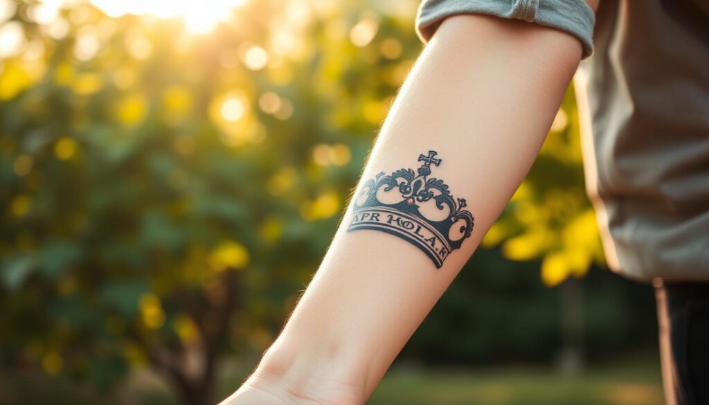 A beautifully designed tattoo of a crown, prominently displayed on a person's forearm. The tattoo should feature intricate detailing, showcasing regal elements like jewels and elaborate patterns, symbolizing power and honor. The subject is a young adult dressed in modest casual clothing, with the arm slightly bent to emphasize the tattoo's visibility. The background is softly blurred, depicting a tranquil outdoor setting with lush greenery and warm sunlight filtering through the leaves, creating a serene atmosphere. The lighting is soft and warm, highlighting the textures of the skin and the tattoo. The overall mood conveys confidence and a deep connection to the values of leadership and life mastery, inviting viewers to reflect on the meaning behind the crown tattoo. A beautifully designed tattoo of a crown, prominently displayed on a person's forearm. The tattoo should feature intricate detailing, showcasing regal elements like jewels and elaborate patterns, symbolizing power and honor. The subject is a young adult dressed in modest casual clothing, with the arm slightly bent to emphasize the tattoo's visibility. The background is softly blurred, depicting a tranquil outdoor setting with lush greenery and warm sunlight filtering through the leaves, creating a serene atmosphere. The lighting is soft and warm, highlighting the textures of the skin and the tattoo. The overall mood conveys confidence and a deep connection to the values of leadership and life mastery, inviting viewers to reflect on the meaning behind the crown tattoo.