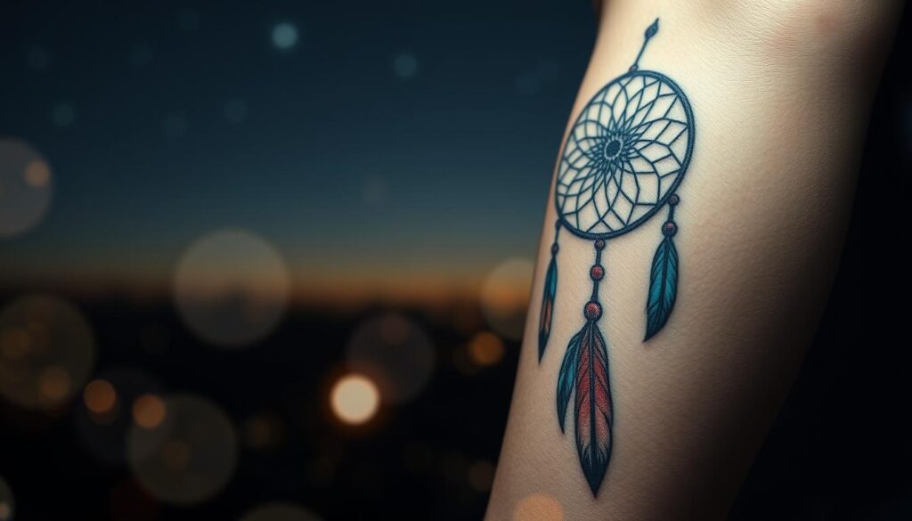 A beautifully detailed Dreamcatcher tattoo, intricately designed with feathers and beads, prominently displayed on a person's forearm. The tattoo should be vibrant and colorful, symbolizing protection against negative energy and nightmares. In the background, a serene, softly-lit night sky with twinkling stars enhances the atmosphere of calmness and safety. The foreground features gentle, glowing orbs of light that seem to emanate from the tattoo, creating an aura of positive energy. The lens should capture the tattoo in a close-up shot, with a shallow depth of field to blur the background slightly, focusing the viewer’s attention on the intricate details of the Dreamcatcher. The overall mood is mystical and soothing, evoking a sense of reassurance and protection.