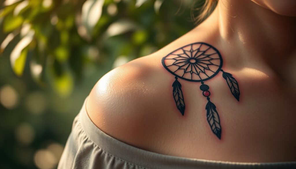 A beautifully detailed close-up of a dreamcatcher tattoo on a person's shoulder, showcasing the intricate designs of feathers and beads. The skin around the tattoo appears well-cared-for, glistening slightly to highlight the healing process. In the foreground, the person is wearing a simple, modest shirt, enhancing the focus on the tattoo. The lighting is soft and warm, creating a serene and inviting atmosphere. The background is slightly blurred, featuring a calm, natural setting with gentle greenery and dappled sunlight filtering through leaves, symbolizing protection and tranquility. The overall mood is peaceful and nurturing, emphasizing the theme of tattoo care while reflecting the cultural significance of the dreamcatcher.