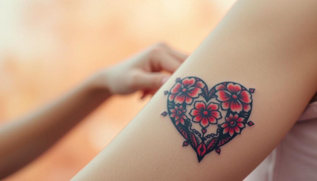 A beautifully detailed heart tattoo, intricately designed with floral elements and geometric shapes, occupying the foreground. The heart, rendered in vibrant reds and soft pinks, symbolizes love, passion, and devotion. In the middle ground, a subtle human arm is shown, adorned with the tattoo, adding a personal touch. The background features a soft, blurred gradient of warm colors, enhancing the emotional atmosphere and evoking feelings of warmth and connection. The scene is illuminated by soft, diffused lighting, creating a serene and inviting mood. The perspective is slightly angled to focus on the tattoo, allowing the intricate details to shine without any distractions. The overall image conveys depth, sentimentality, and the significance of love represented through the heart tattoo. A beautifully detailed heart tattoo, intricately designed with floral elements and geometric shapes, occupying the foreground. The heart, rendered in vibrant reds and soft pinks, symbolizes love, passion, and devotion. In the middle ground, a subtle human arm is shown, adorned with the tattoo, adding a personal touch. The background features a soft, blurred gradient of warm colors, enhancing the emotional atmosphere and evoking feelings of warmth and connection. The scene is illuminated by soft, diffused lighting, creating a serene and inviting mood. The perspective is slightly angled to focus on the tattoo, allowing the intricate details to shine without any distractions. The overall image conveys depth, sentimentality, and the significance of love represented through the heart tattoo.