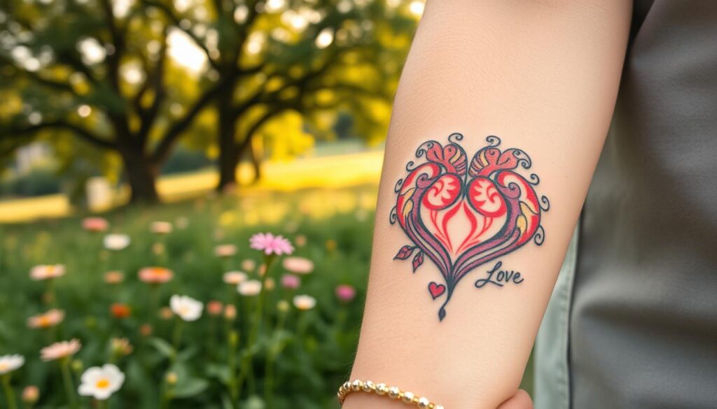 A beautifully detailed heart tattoo representing love, friendship, and passion. The foreground features a close-up of the tattoo inked on a person's arm, showcasing intricate designs with vibrant colors, including red, pink, and gold accents. The person's arm is adorned with delicate bracelets, hinting at their personal style, dressed in casual but classy clothing to maintain a professional appearance. In the middle ground, soft-focus elements like a gentle breeze stirring nearby flowers and lush greenery create an atmosphere of warmth and affection. The background is a serene landscape with dappled sunlight filtering through trees, casting a warm glow over the scene. The overall mood is heartfelt and inspiring, emphasizing connection and devotion. A beautifully detailed heart tattoo representing love, friendship, and passion. The foreground features a close-up of the tattoo inked on a person's arm, showcasing intricate designs with vibrant colors, including red, pink, and gold accents. The person's arm is adorned with delicate bracelets, hinting at their personal style, dressed in casual but classy clothing to maintain a professional appearance. In the middle ground, soft-focus elements like a gentle breeze stirring nearby flowers and lush greenery create an atmosphere of warmth and affection. The background is a serene landscape with dappled sunlight filtering through trees, casting a warm glow over the scene. The overall mood is heartfelt and inspiring, emphasizing connection and devotion.
