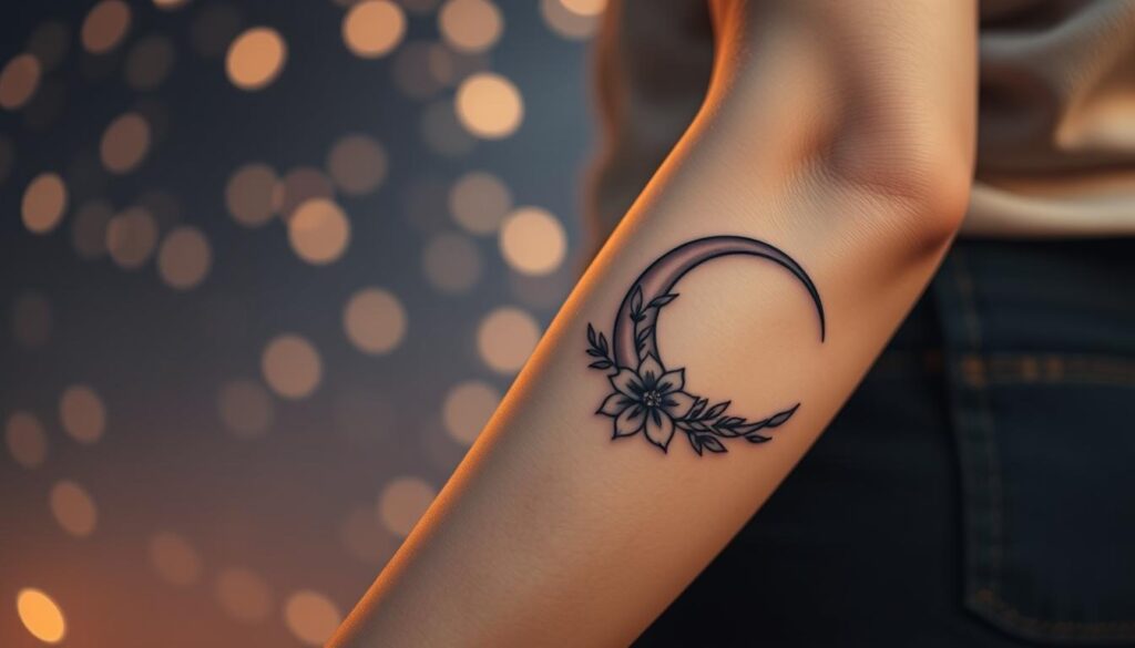 A beautifully intricate tattoo design featuring the crescent moon, symbolizing mystery and femininity, placed elegantly on the forearm of a person dressed in modest casual clothing. The foreground showcases the tattoo in detailed close-up, emphasizing delicate line work and shading, with a soft glow emanating from the crescent moon itself. In the middle, hints of floral elements intertwine with the lunar design, representing transformation and growth. The background is softly blurred, suggesting an ethereal night sky filled with stars, creating a dreamlike atmosphere. The lighting is gentle and warm, casting subtle shadows that enhance the elegance of the tattoo. The overall mood is serene and reflective, inviting contemplation of the symbolic significance of the moon. A beautifully intricate tattoo design featuring the crescent moon, symbolizing mystery and femininity, placed elegantly on the forearm of a person dressed in modest casual clothing. The foreground showcases the tattoo in detailed close-up, emphasizing delicate line work and shading, with a soft glow emanating from the crescent moon itself. In the middle, hints of floral elements intertwine with the lunar design, representing transformation and growth. The background is softly blurred, suggesting an ethereal night sky filled with stars, creating a dreamlike atmosphere. The lighting is gentle and warm, casting subtle shadows that enhance the elegance of the tattoo. The overall mood is serene and reflective, inviting contemplation of the symbolic significance of the moon.