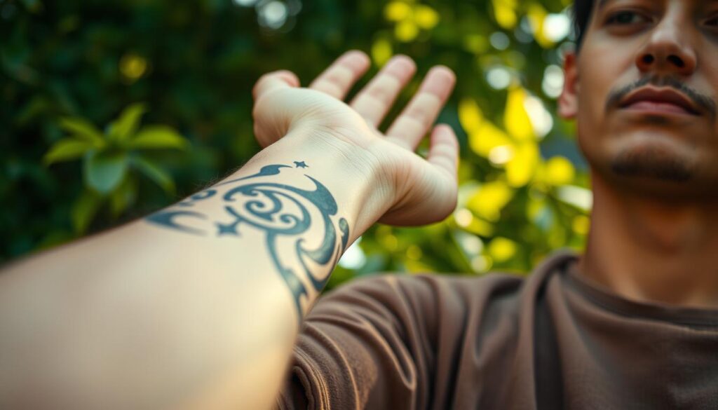 A close-up image of a tribal tattoo on a person's forearm, showcasing intricate patterns and bold black lines that symbolize strength and cultural heritage. The foreground focuses on the tattoo details, emphasizing the swirling designs and sharp angles. The middle ground features the person's hand, slightly flexed to highlight the art, while the background is softly blurred, hinting at natural surroundings like green foliage to evoke a sense of connection with nature. The scene is illuminated by warm, natural lighting, creating a serene and spiritual atmosphere. Photographed at a slight angle to capture both the tattoo and the expression of calm contemplation on the individual's face, dressed in modest casual clothing. The mood is reflective and respectful, emphasizing the significance and symbolism of tribal tattoos in contemporary culture.