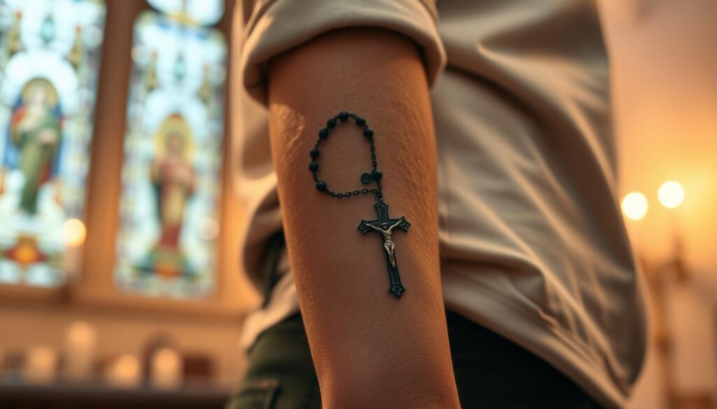 A close-up of a beautifully designed rosary tattoo on the forearm of a person wearing modest, casual clothing. The tattoo showcases intricate details, including elegant beads and a detailed crucifix, symbolizing deep faith and protection. Soft, warm lighting highlights the texture of the skin and the ink, creating a serene and reverent atmosphere. The background features a blurred, ethereal setting reminiscent of a peaceful church interior, with subtle hints of stained glass and candlelight. The image should focus on the tattoo while capturing the profound significance and spirituality associated with rosary tattoos, evoking a sense of connection and devotion. A close-up of a beautifully designed rosary tattoo on the forearm of a person wearing modest, casual clothing. The tattoo showcases intricate details, including elegant beads and a detailed crucifix, symbolizing deep faith and protection. Soft, warm lighting highlights the texture of the skin and the ink, creating a serene and reverent atmosphere. The background features a blurred, ethereal setting reminiscent of a peaceful church interior, with subtle hints of stained glass and candlelight. The image should focus on the tattoo while capturing the profound significance and spirituality associated with rosary tattoos, evoking a sense of connection and devotion.