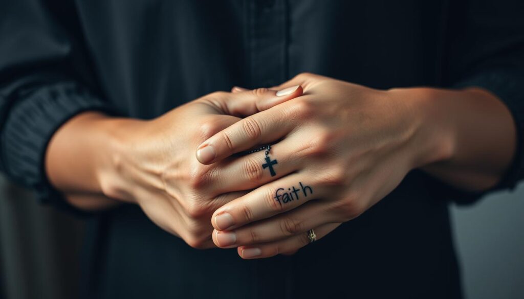 A close-up view of a person's hands adorned with a detailed rosary tattoo encircling the wrist, symbolizing faith and protection. The hands are gently clasped together, showcasing the intricate design of the rosary beads and the cross, expertly inked onto the skin. Soft, diffused lighting highlights the texture of the tattoo and the natural lines of the hands without causing harsh shadows. The background is softly blurred to keep the focus on the hands, enhancing the intimate and personal connection to the tattoo. The overall ambiance is serene and contemplative, evoking a sense of deep spirituality and devotion. The image features a diverse individual dressed in modest, casual attire to emphasize the universal nature of faith. A close-up view of a person's hands adorned with a detailed rosary tattoo encircling the wrist, symbolizing faith and protection. The hands are gently clasped together, showcasing the intricate design of the rosary beads and the cross, expertly inked onto the skin. Soft, diffused lighting highlights the texture of the tattoo and the natural lines of the hands without causing harsh shadows. The background is softly blurred to keep the focus on the hands, enhancing the intimate and personal connection to the tattoo. The overall ambiance is serene and contemplative, evoking a sense of deep spirituality and devotion. The image features a diverse individual dressed in modest, casual attire to emphasize the universal nature of faith.