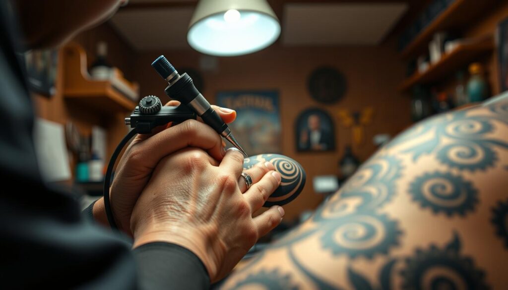 A close-up view of a skilled tattoo artist meticulously applying modern Polynesian tattoo techniques on a person's arm, showcasing intricate Maori-inspired patterns. The foreground features the artist’s hands carefully holding a tattoo machine, with vibrant colors of ink visible. The arm, adorned with bold geometric designs and spirals, reflects a blend of traditional and contemporary styles. In the middle, a well-lit studio with wooden elements creates an inviting and warm atmosphere, highlighting the craftsmanship behind the tattoo. Soft, natural lighting enhances the textures of the skin and ink, capturing the details and depth of the artwork. The background subtly fades with tattooing tools and references to Polynesian culture, evoking a sense of artistry and personal significance in the tattooing process.