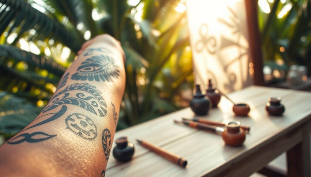 A close-up view of beautifully designed Polynesian tattoos, showcasing intricate Maori symbols representing various meanings. In the foreground, a person's arm adorned with a variety of tattoo patterns, their skin tone rich and natural, reflecting authenticity. The middle ground features a light wooden table with tattoo-related artifacts, like ink pots and tools, offering historical context. In the background, soft-focused tropical foliage suggests a connection to Polynesian culture, with warm, diffused sunlight filtering through, creating an inviting atmosphere. The overall mood is reverent and artistic, emphasizing the richness of tattoo symbolism and its deep cultural significance. The composition is shot at eye-level, capturing the details of the tattoos while maintaining a serene color palette.