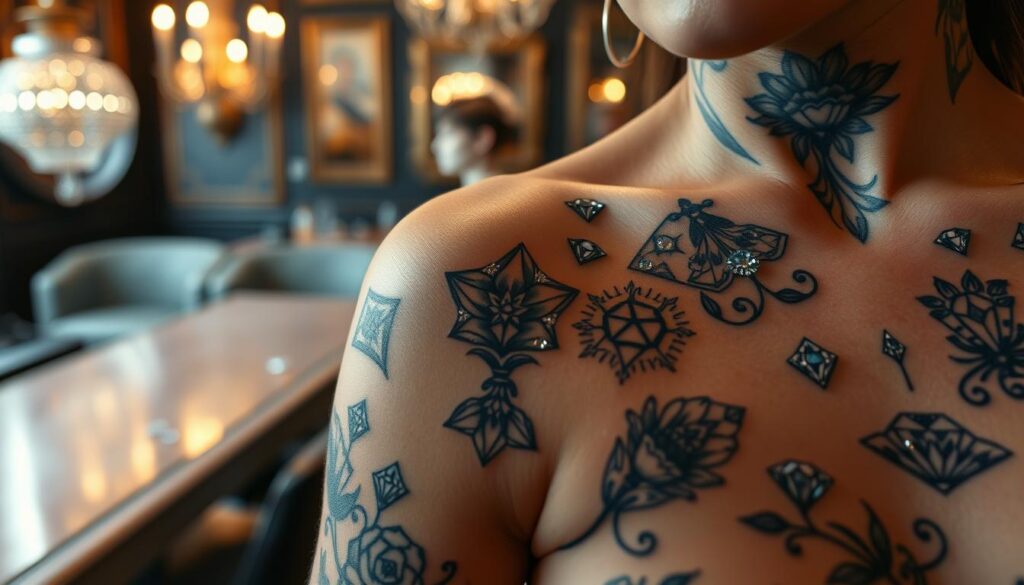 A close-up view of elegant diamond tattoo designs, prominently displayed on the skin. In the foreground, showcase various intricate tattoos featuring diamonds, including geometric shapes, floral elements intertwined with diamonds, and abstract interpretations. The tattoos should be vividly colored with shimmering effects to reflect light, enhancing the luxurious feel. In the middle ground, include a soft-focus background of a stylish tattoo parlor, adorned with elegant decor and subtle lighting that adds warmth and sophistication. The atmosphere should evoke a sense of opulence and artistry, emphasizing the theme of durability and luxury. Utilize soft, diffused lighting to create a serene ambiance, capturing the allure and beauty of diamond tattoos in a professional and artistic manner. The image should be free from any text or watermarks. A close-up view of elegant diamond tattoo designs, prominently displayed on the skin. In the foreground, showcase various intricate tattoos featuring diamonds, including geometric shapes, floral elements intertwined with diamonds, and abstract interpretations. The tattoos should be vividly colored with shimmering effects to reflect light, enhancing the luxurious feel. In the middle ground, include a soft-focus background of a stylish tattoo parlor, adorned with elegant decor and subtle lighting that adds warmth and sophistication. The atmosphere should evoke a sense of opulence and artistry, emphasizing the theme of durability and luxury. Utilize soft, diffused lighting to create a serene ambiance, capturing the allure and beauty of diamond tattoos in a professional and artistic manner. The image should be free from any text or watermarks.