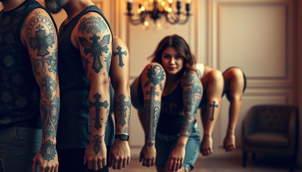 A collection of contemporary cross tattoo styles displayed on diverse human arms, showcasing intricate designs that blend traditional and modern elements. The foreground features detailed tattoos with varying sizes and organizations, including geometric patterns, floral motifs, and Celtic influences. In the middle ground, various tattooed individuals—dressed in modest casual clothing—pose in a relaxed yet respectful manner, highlighting the significance of the tattoos. The background is softly blurred, consisting of an elegant, minimalist studio setting with warm, diffused lighting that creates an inviting atmosphere. The overall mood conveys a sense of spirituality, faith, and personal expression, emphasizing the deep meanings behind each tattoo design. The image is captivating and visually rich, aimed to inspire and resonate with viewers.