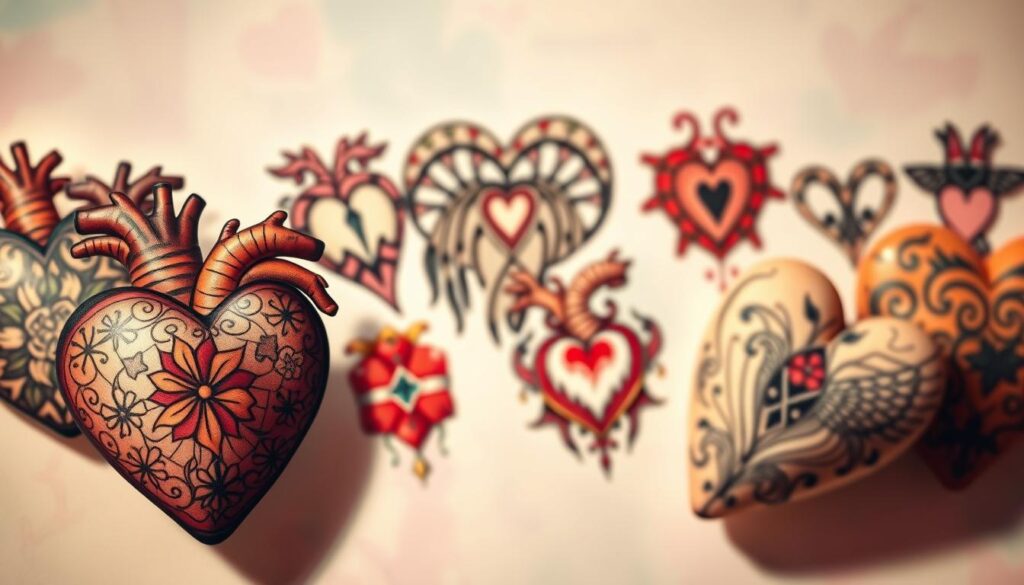 A collection of diverse heart tattoo designs, showcasing intricate patterns and motifs. In the foreground, richly detailed hearts incorporating floral elements, geometric shapes, and artistic calligraphy. In the middle, various heart tattoo styles overlapping, including tribal, watercolor, and minimalist designs, each demonstrating unique artistic flair. The background features a subtle, blurred gradient of soft pastel colors that enhances the vibrancy of the tattoos. The lighting is warm and inviting, casting soft shadows to add depth and dimension. Capture the mood of love, passion, and dedication, emphasizing the artistic diversity of heart tattoos. Use a shallow depth of field for focus on the tattoos while keeping the background dreamy and ethereal. A collection of diverse heart tattoo designs, showcasing intricate patterns and motifs. In the foreground, richly detailed hearts incorporating floral elements, geometric shapes, and artistic calligraphy. In the middle, various heart tattoo styles overlapping, including tribal, watercolor, and minimalist designs, each demonstrating unique artistic flair. The background features a subtle, blurred gradient of soft pastel colors that enhances the vibrancy of the tattoos. The lighting is warm and inviting, casting soft shadows to add depth and dimension. Capture the mood of love, passion, and dedication, emphasizing the artistic diversity of heart tattoos. Use a shallow depth of field for focus on the tattoos while keeping the background dreamy and ethereal.