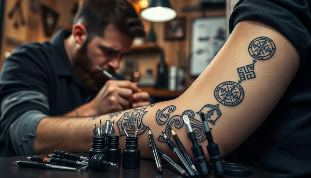 A contemporary interpretation of Viking tattoos, showcasing intricate designs of runes and vegvisir symbols. In the foreground, a skilled tattoo artist is focused on applying a tattoo to a person's arm, who is clad in modest casual attire. The tattoo features bold black lines and detailed geometric patterns, capturing the essence of Norse mythology. In the middle ground, various tattoo tools are artistically arranged, including needles and ink pots, hinting at the modern techniques used. The background is softly blurred, featuring a cozy studio atmosphere with warm lighting and rustic wooden elements. The overall mood is creative and inviting, reflecting a fusion of ancient tradition and modern artistry. A contemporary interpretation of Viking tattoos, showcasing intricate designs of runes and vegvisir symbols. In the foreground, a skilled tattoo artist is focused on applying a tattoo to a person's arm, who is clad in modest casual attire. The tattoo features bold black lines and detailed geometric patterns, capturing the essence of Norse mythology. In the middle ground, various tattoo tools are artistically arranged, including needles and ink pots, hinting at the modern techniques used. The background is softly blurred, featuring a cozy studio atmosphere with warm lighting and rustic wooden elements. The overall mood is creative and inviting, reflecting a fusion of ancient tradition and modern artistry.