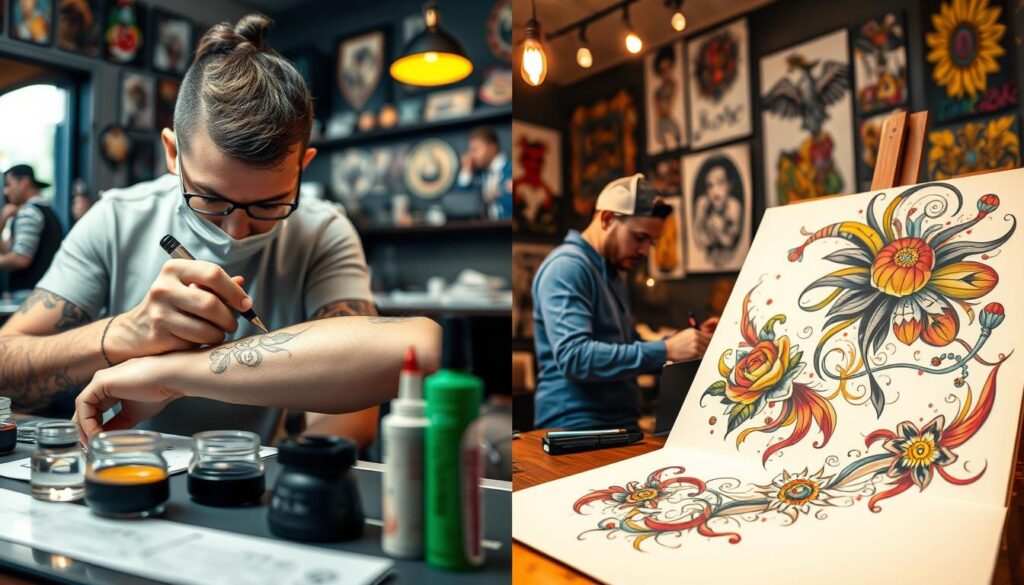 A detailed analysis of tattoo pricing displays a split-image concept: on the left, a vibrant tattoo studio scene with a professional tattoo artist applying a small, intricate design on a client’s forearm, illustrating detailed line work and color; on the right, a large tattoo design is being sketched on a canvas, showcasing a blend of bold colors and elaborate patterns. The foreground features close-up tools like ink pots and needles, while the middle ground includes clients discussing designs with the artist. The background reveals unique tattoo art displayed on the walls, with warm, inviting lighting to create a creative atmosphere. The scene captures the essence of tattoo sessions, emphasizing professionalism and artistry. A detailed analysis of tattoo pricing displays a split-image concept: on the left, a vibrant tattoo studio scene with a professional tattoo artist applying a small, intricate design on a client’s forearm, illustrating detailed line work and color; on the right, a large tattoo design is being sketched on a canvas, showcasing a blend of bold colors and elaborate patterns. The foreground features close-up tools like ink pots and needles, while the middle ground includes clients discussing designs with the artist. The background reveals unique tattoo art displayed on the walls, with warm, inviting lighting to create a creative atmosphere. The scene captures the essence of tattoo sessions, emphasizing professionalism and artistry.