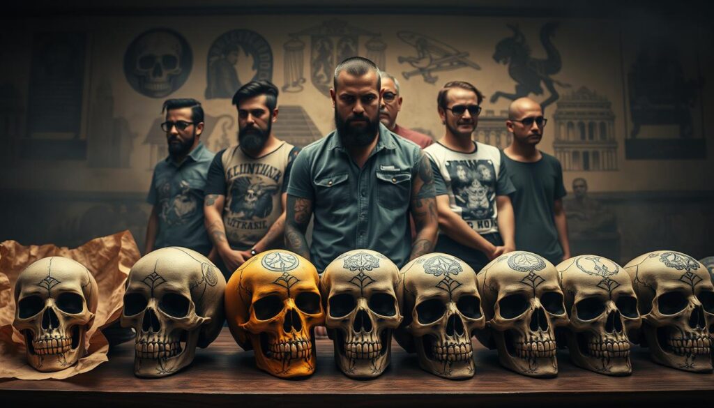 A detailed and artistic representation of skull tattoos throughout history, showcasing various styles and cultures. In the foreground, display intricately designed skull tattoos on parchment or aged skin, highlighting their symbolism related to death, "memento mori," and rebellion. The middle layer can feature a diverse array of tattoo artists, each showcasing their unique approach to skull tattoo art, dressed in modest casual clothing. In the background, include historical motifs or imagery, like ancient burial sites or art, subtly blended into a hazy atmosphere. Use soft, diffused lighting to evoke a contemplative mood. Capture this scene from a slightly elevated angle to provide depth, focusing on the artistry and cultural significance of these tattoos, while ensuring that the overall composition remains harmonious and engaging.