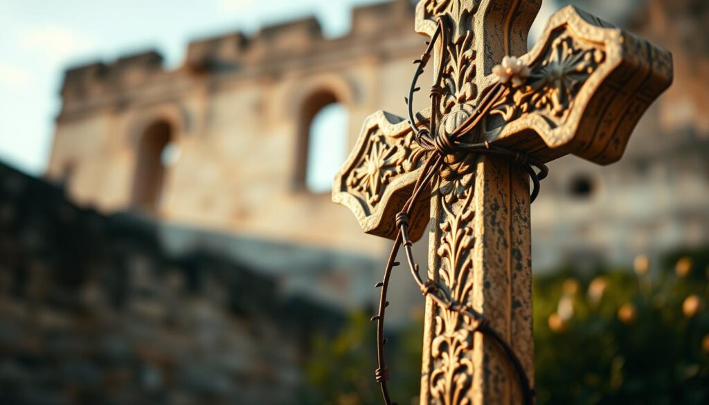 A detailed, close-up depiction of the Maltese Cross, symbolizing faith and sacrifice. The cross should be intricately designed, with ornate details reflecting its historical significance. In the foreground, showcase the cross prominently, perhaps wrapped in subtle vines or floral elements, symbolizing growth and spirituality. The middle ground features a blurred background of a historical setting, like an ancient stone wall, suggesting a connection to the past. Soft, warm lighting bathes the scene, creating an inviting and reverent atmosphere. The angle should be slightly tilted to give the composition a dynamic feel, emphasizing the depth of the cross. Overall, convey a sense of profound history and spirituality through this image.