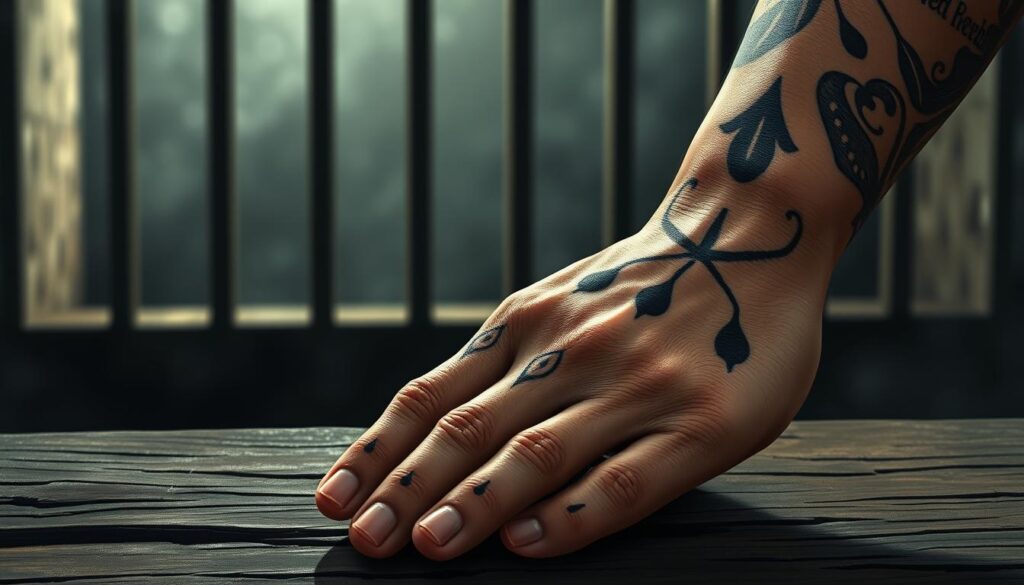A detailed illustration showcasing the significance of prisoner tattoos, specifically focusing on teardrops and dots. In the foreground, a close-up view of a hand displaying intricate tattoos, featuring teardrops and small dots, representing their deep meanings. The hand rests on a weathered wooden surface, highlighting the textures. In the middle ground, an abstract background of a dimly lit prison cell, with shadows and bars that evoke a somber atmosphere. Soft, muted lighting casts gentle highlights on the tattoos, emphasizing their details. The depth of field is shallow, drawing attention to the tattoos while keeping the background slightly blurred. The mood is introspective and poignant, reflecting the weight of the tattoos' symbolism in the context of prison life.