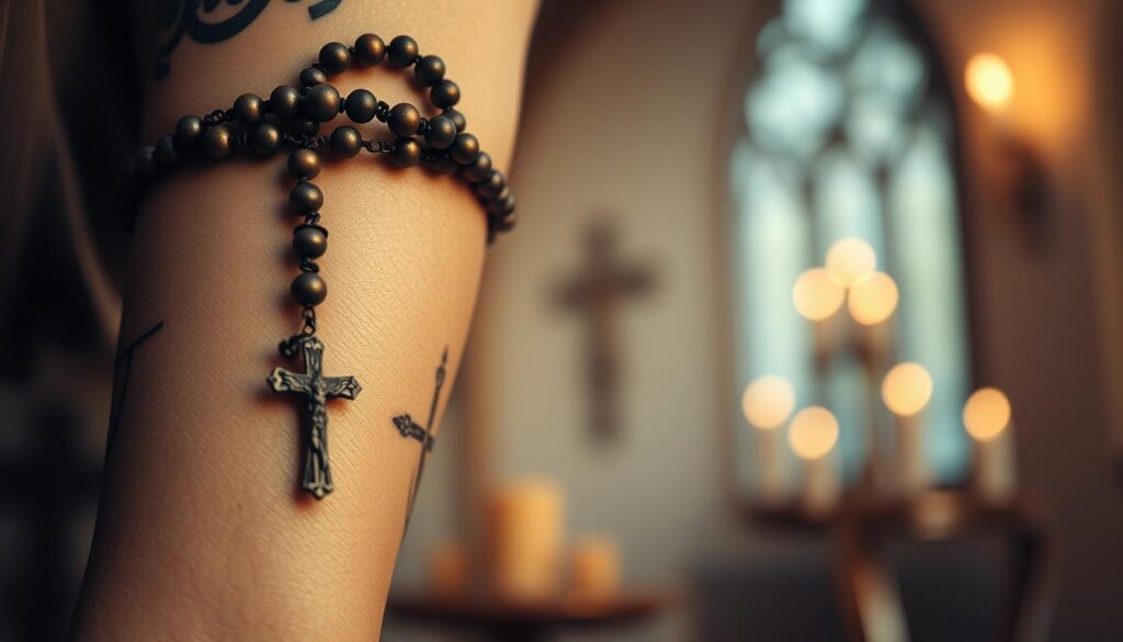 A detailed tattoo design featuring a blend of religious motifs. In the foreground, a beautifully intricate rosary tattoo wraps around a forearm, with beads adorned with small symbols such as crosses and doves. In the middle ground, a subtle halo effect surrounds the rosary, enhancing its visibility. The background is softly blurred, hinting at a serene environment, perhaps a peaceful chapel with gentle candlelight flickering. The lighting is warm and inviting, casting soft shadows that emphasize the intricate details of the tattoo. The overall mood is one of deep faith and introspection, celebrating the fusion of spirituality and personal expression. This composition should evoke a sense of protection and belief, showcasing how religious themes can be artfully combined in tattoo artistry. A detailed tattoo design featuring a blend of religious motifs. In the foreground, a beautifully intricate rosary tattoo wraps around a forearm, with beads adorned with small symbols such as crosses and doves. In the middle ground, a subtle halo effect surrounds the rosary, enhancing its visibility. The background is softly blurred, hinting at a serene environment, perhaps a peaceful chapel with gentle candlelight flickering. The lighting is warm and inviting, casting soft shadows that emphasize the intricate details of the tattoo. The overall mood is one of deep faith and introspection, celebrating the fusion of spirituality and personal expression. This composition should evoke a sense of protection and belief, showcasing how religious themes can be artfully combined in tattoo artistry.