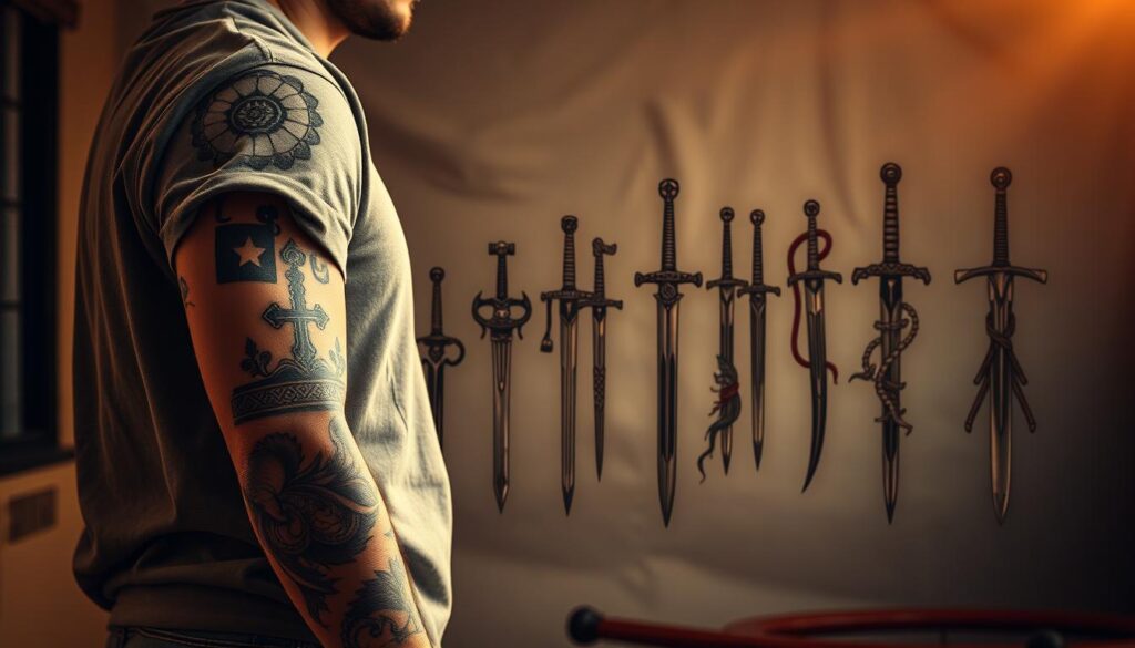 A detailed visualization of the evolution of sword tattoo styles, showcasing a dynamic blend of traditional and modern designs. In the foreground, display an intricate traditional sword tattoo with ornate details and bold lines on a model's arm, dressed in modest casual clothing. In the middle background, include a series of evolving sword tattoos, transitioning from ancient motifs with cultural symbols to contemporary abstract interpretations, each design showcasing diverse artistry. The background features an atmospheric, softly lit studio setting, with warm light highlighting the tattoos' details, creating depth and texture. The overall mood should evoke a sense of history, strength, and artistry, capturing the transformation and significance of sword tattoos across time. A detailed visualization of the evolution of sword tattoo styles, showcasing a dynamic blend of traditional and modern designs. In the foreground, display an intricate traditional sword tattoo with ornate details and bold lines on a model's arm, dressed in modest casual clothing. In the middle background, include a series of evolving sword tattoos, transitioning from ancient motifs with cultural symbols to contemporary abstract interpretations, each design showcasing diverse artistry. The background features an atmospheric, softly lit studio setting, with warm light highlighting the tattoos' details, creating depth and texture. The overall mood should evoke a sense of history, strength, and artistry, capturing the transformation and significance of sword tattoos across time.