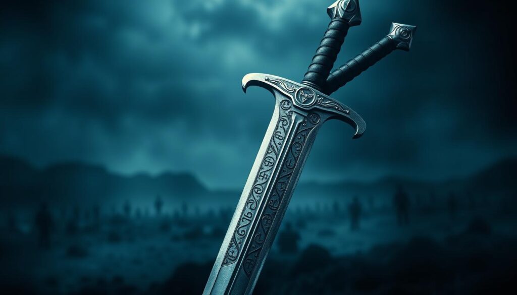 A finely detailed tattoo design featuring a sword and dagger, intricately intertwined, showcasing themes of combat, justice, and courage. In the foreground, the sword appears prominently, its blade gleaming with intricate runes and symbols representing honor and valor. The dagger, elegantly curved, is positioned beside the sword, embodying stealth and precision. The background features a shadowy landscape, hinting at a battlefield, with soft, diffused lighting creating a dramatic atmosphere. The color palette includes deep blues and silvers, enhancing the sense of mystique. The overall mood is bold and empowering, evoking a sense of strength and determination, while emphasizing the artistry and symbolism of the tattoo design. A finely detailed tattoo design featuring a sword and dagger, intricately intertwined, showcasing themes of combat, justice, and courage. In the foreground, the sword appears prominently, its blade gleaming with intricate runes and symbols representing honor and valor. The dagger, elegantly curved, is positioned beside the sword, embodying stealth and precision. The background features a shadowy landscape, hinting at a battlefield, with soft, diffused lighting creating a dramatic atmosphere. The color palette includes deep blues and silvers, enhancing the sense of mystique. The overall mood is bold and empowering, evoking a sense of strength and determination, while emphasizing the artistry and symbolism of the tattoo design.